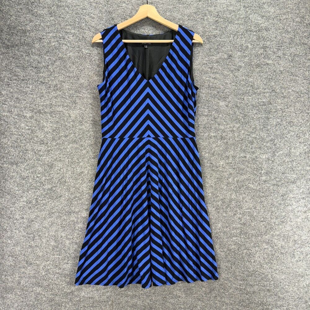 Tahari Dress Women 10 Blue Striped Shift Midi V-Neck Lined Sleeveless Rayon Zip